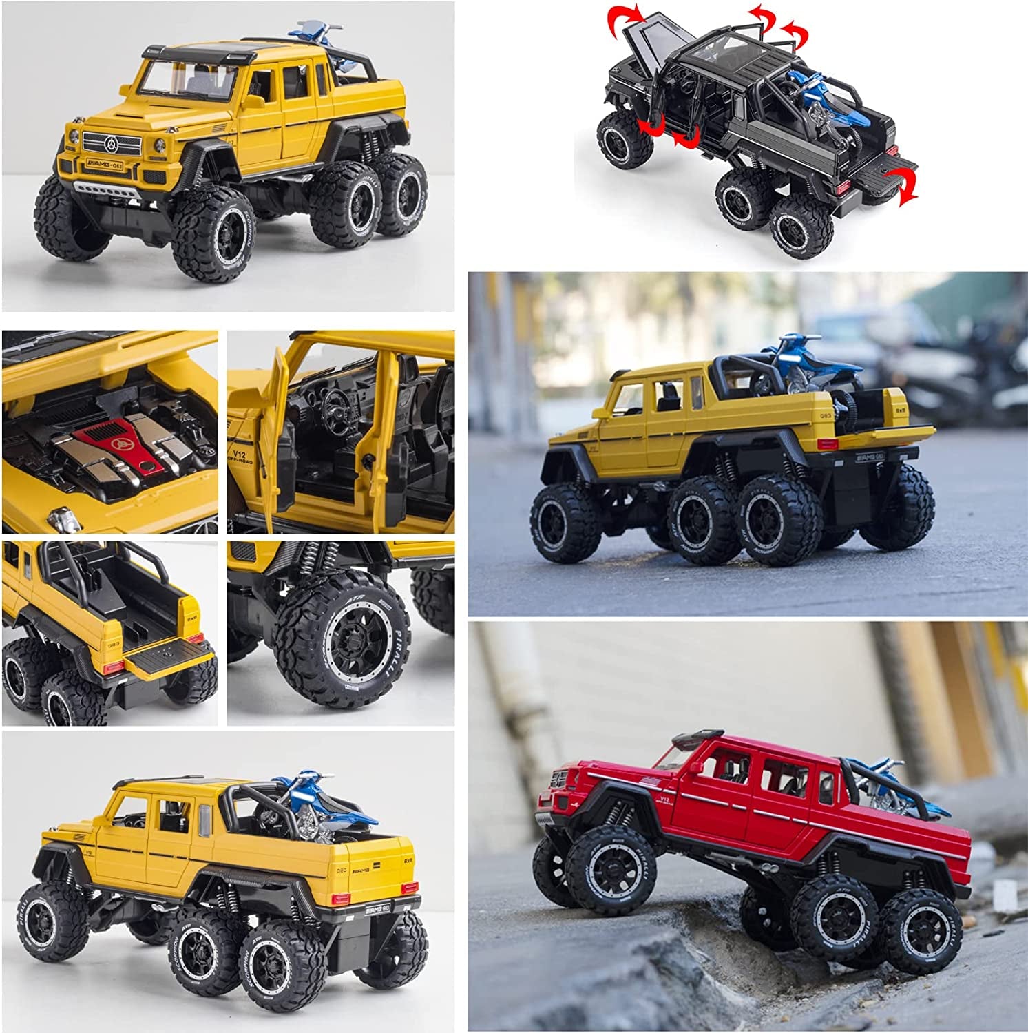 Pickup Truck Toy 6X6 Off-Road Refitted Model SUV Car 1/24 Scale Monster Trucks Diecast Metal Model Cars with Micro Motorcycle Sound and Light for Kids Age 3 Year and up Black