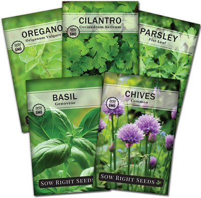  5 Herb Seed Collection - Genovese Basil, Chives, Cilantro, Italian Parsley, and Oregano Seeds