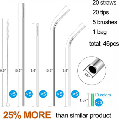 20 Pack Reusable Stainless Steel Metal Straws,10.5" & 8.5" Reusable Drinking Straws with 20 Silicone Tips 5 Straw Brushes 1 Travel Case,Eco Friendly Extra Long Metal Straw Fit for 20 24 30 oz Tumbler