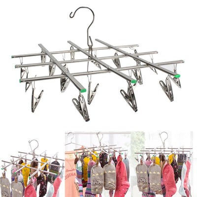 Stainless Steel Drying Rack with 20 Clips, Space Saver Drip Sock Dryer Hanger Drying Pegs Hook, Swivel Windproof Clothespin Clothes Hanger Dryer for Laundry Clothes Socks Underwear