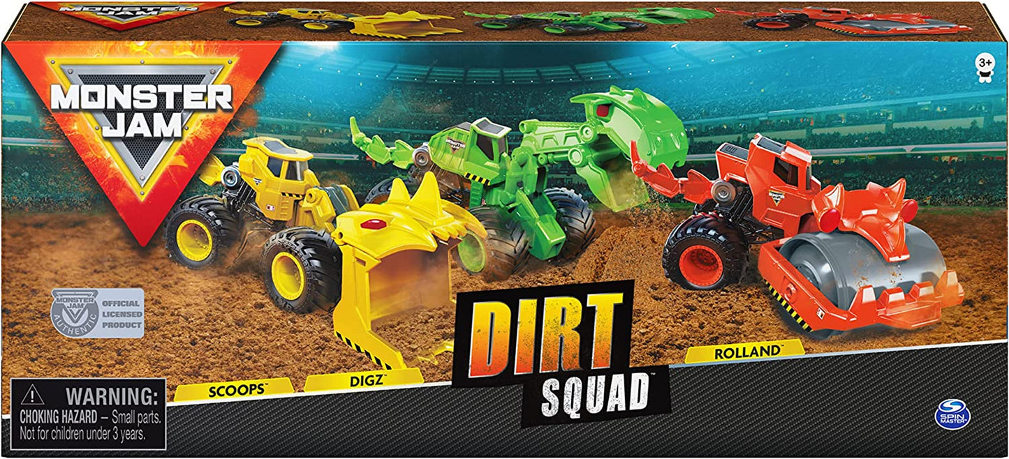 Monster Jam, Official Dirt Squad 3-Pack of Monster Trucks with Moving Parts, 1:64 Scale Die-Cast Vehicles, Kids Toys for Boys Aged 3 and Up