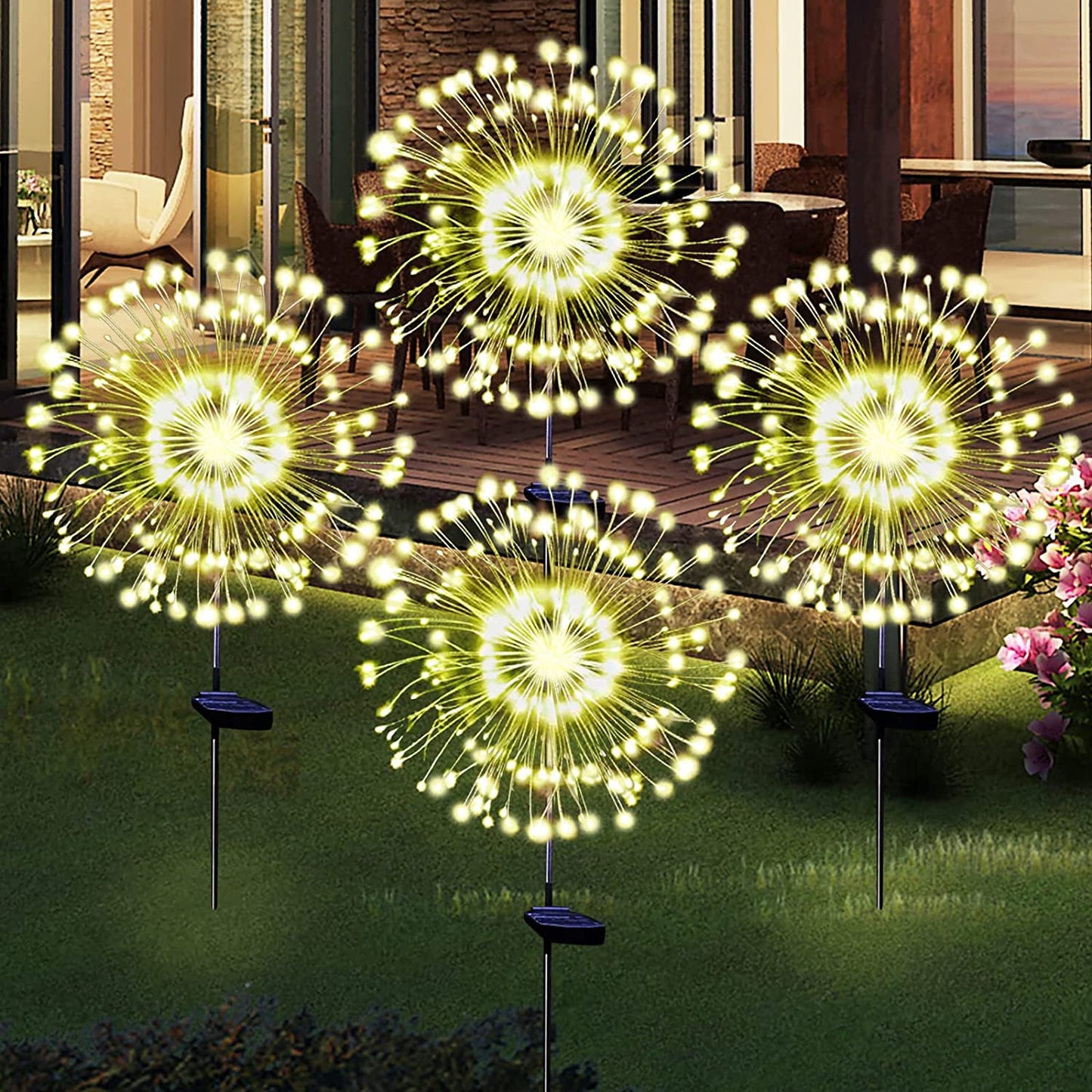 Solar Garden Firework Lights Outdoor Waterproof 2 Pack Solar Powered Art Stake Twinkle Lighting for Outside Decor, 120 LED Sparklers String Lights for Yard Pathway Patio Party Decorations (Warm)