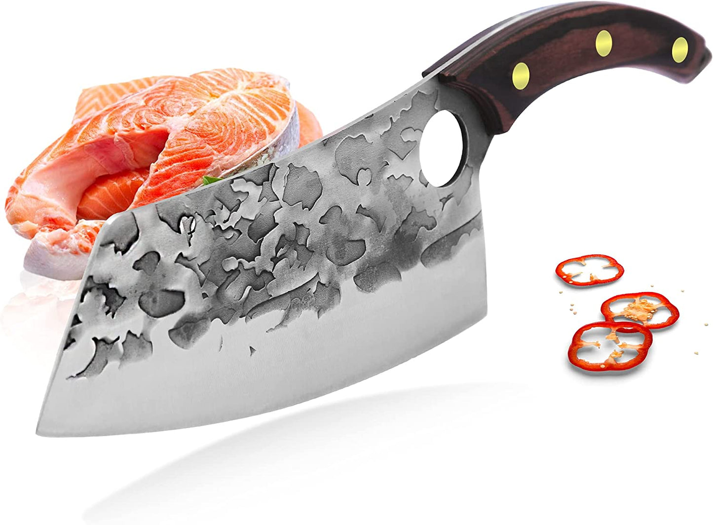 7.5” Full Tang Chopping Knife Ultra Sharp High Carbon Steel Meat Slicing Vegetable Chopper Fixed Non-Stick Hammer Blade Finger Hole Effort Saving Design