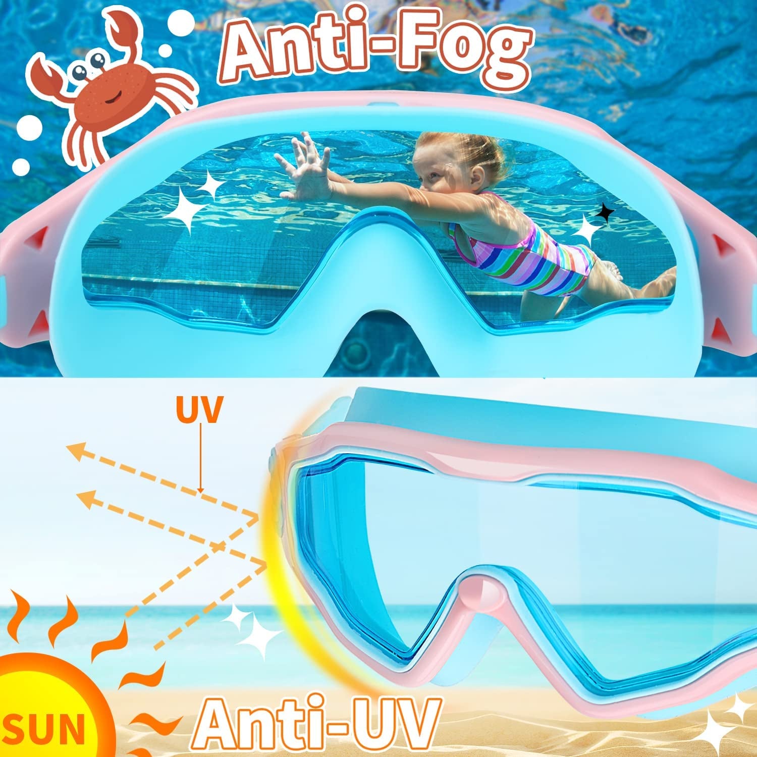 2-Pack Kids Swim Goggles, Wide View Swimming Goggles for Kids, Child, Boys or Girls from 3-15, Anti-Fog, Waterproof