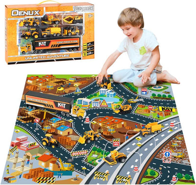 Construction Toys Trucks & Play Mat, Carrier Truck with Diecast Alloy Excavator,Tractor,Dump Truck,Road Roller,Bulldozer,Forklift,Engineering Toy Vehicles with Road Signs for Kids Boys Girls