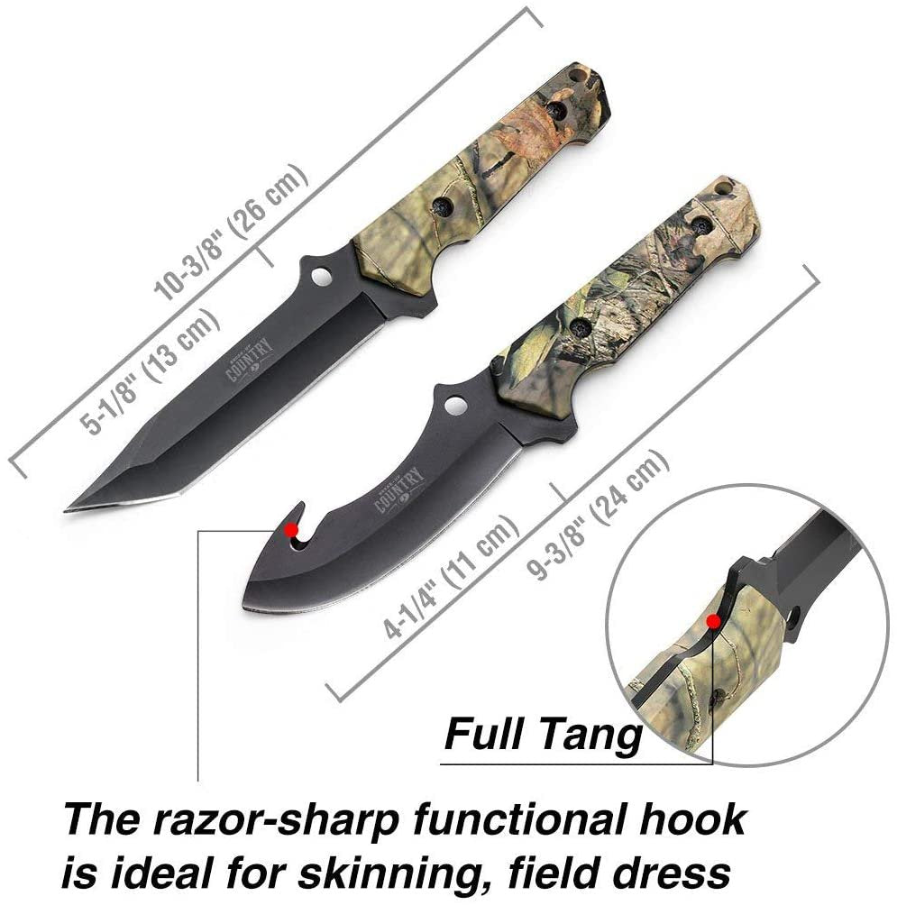 MOSSY OAK Fixed Blade Hunting Knife Set - 2 Piece, Full Tang Handle Straight Edge and Gut Hook Blades Game Processing Knife, Sheath Included