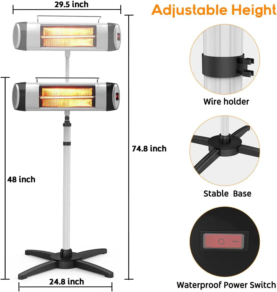 Outdoor Patio Heater, Electric Patio Heater for Instant Heat, 1500W Standing Infrared Heater with Remote, Quiet & 24H Timer, Radiant Heater for Garage Porch Outdoor Use, Tip-Over Protection