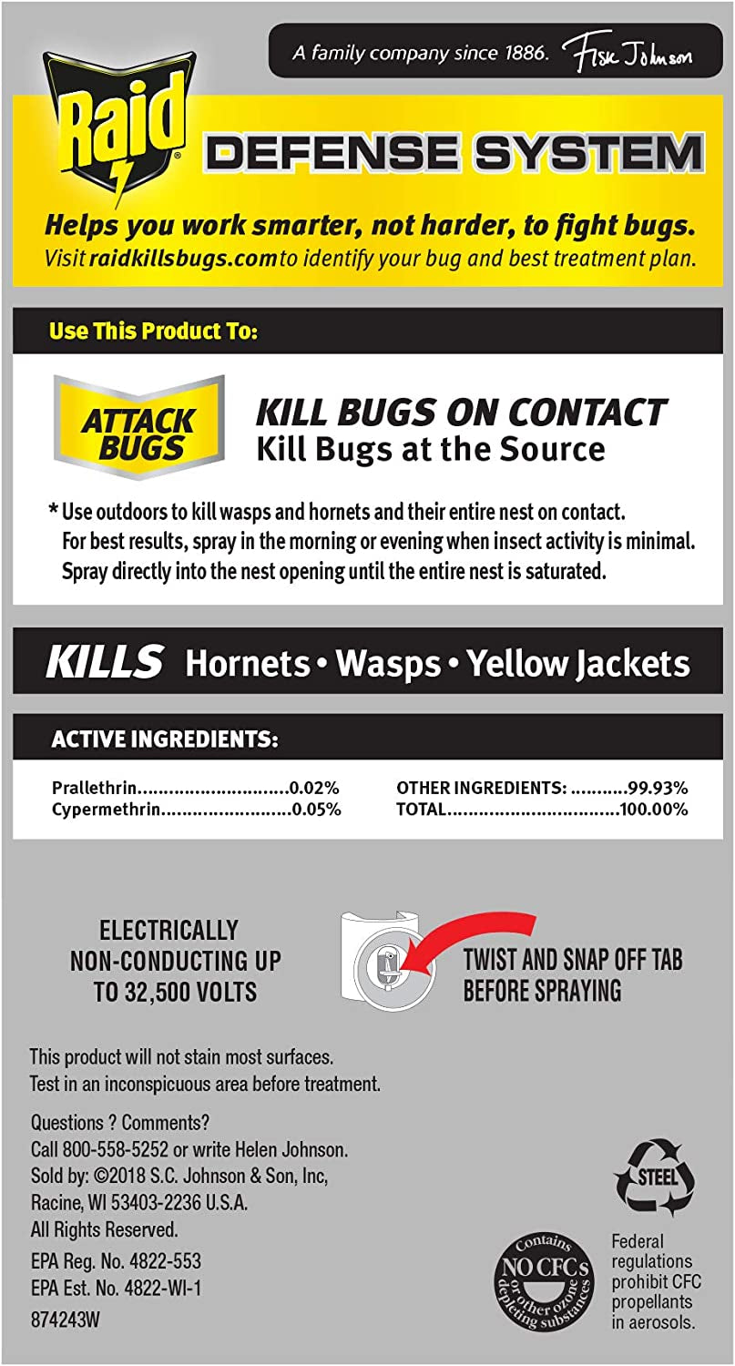 Raid Wasp & Hornet Killer Spray, Kills the entire nest, Kills Paper Wasps, Yellow Jackets, Mud Daubers and more, 14 oz (Pack of 2)