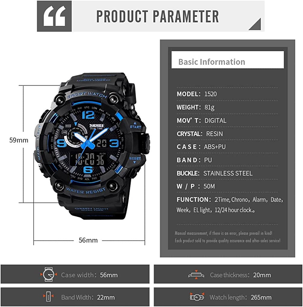 Men Digital Sports Watch, Dual Time Display LED Military Wrist Watch, Shockproof Large Dial Men Wristwatches Outdoor Waterproof Alarm Watches