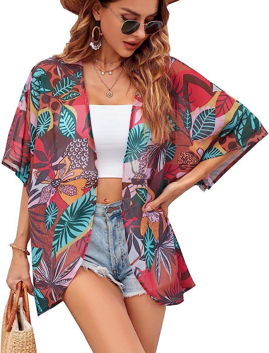 Women Floral Leaf Kimono Summer Cardigan Sheer Loose Half Sleeve Beach Shawl Chiffon Cover Up Casual Blouse Tops