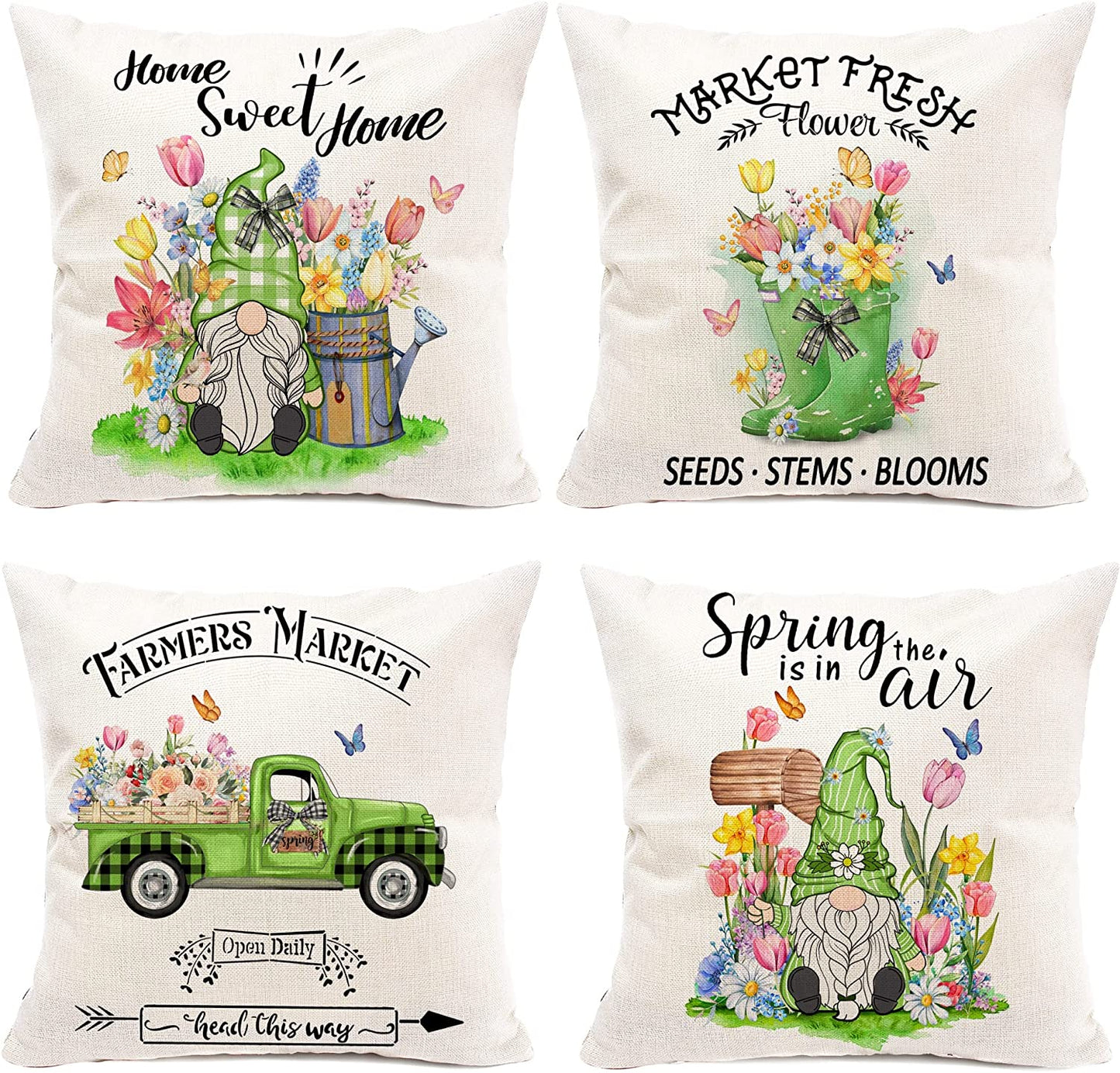  Set of 4 Farmhouse Spring Gnomes Pillowcases