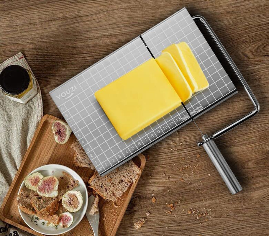 Cheese Slicer & Cheese Cutter | Stainless Steel Cheese Slicer with 10 Replacement-Wires | Cheese Cutter for Block Cheese Metal Cheese Slicer Cutting Board Kitchen Gadgets Gift Set for Cheese Butter