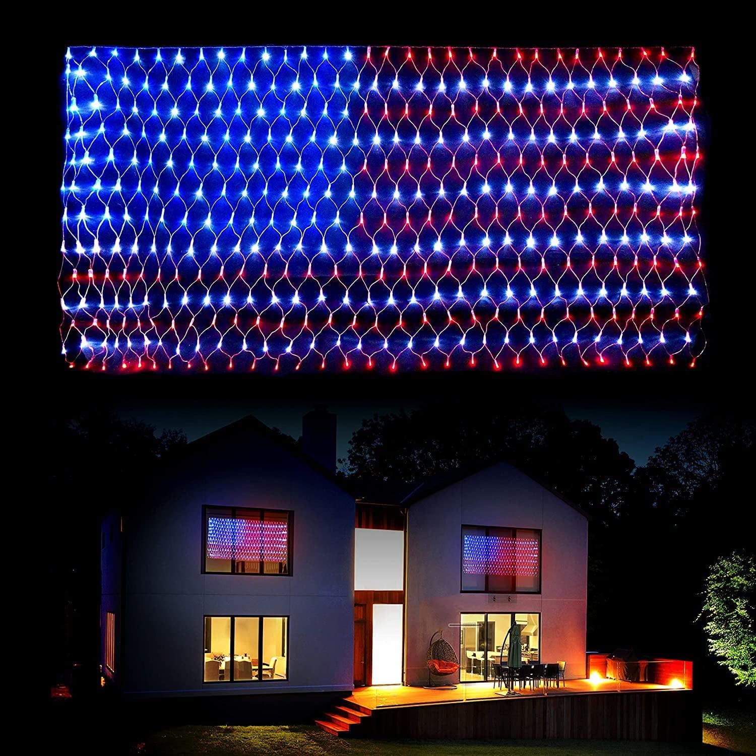  American Flag Lights,American Flag LED Net Lights Plug-in Half USA Flag String Lights of United States for Garden Patio Holiday Party July 4th Decoration 