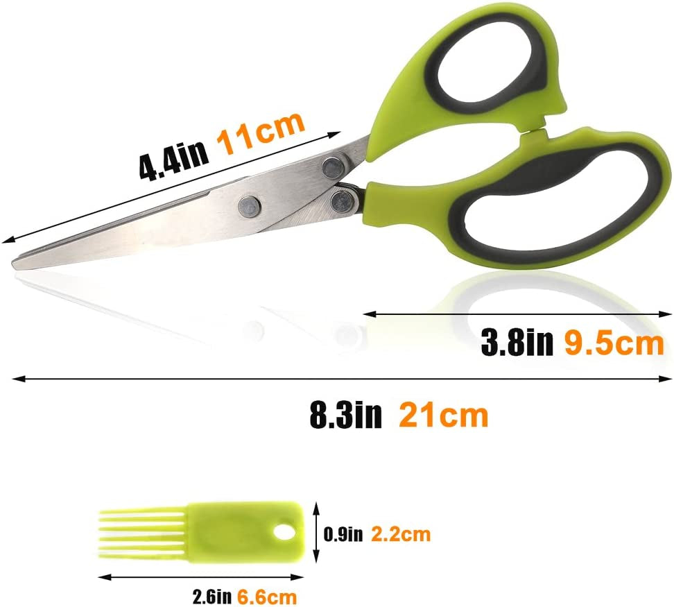 Herb Scissors Cutter Food Meat Vegetable Multipurpose 5 Layer Blade Professional Stainless Steel Kitchen Shear with Cleaning Comb Kit Kitchen Easy Quick Cutting Tool Best Herbs Chopper