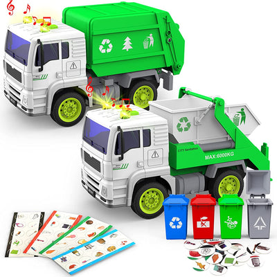 Garbage Truck Toys, 2 in 1 Friction-Powered Trash Truck Toys with Light and Sound, Back Dump Garbage Recycle Truck Toy Set with 4 Trash Cans, Playmobile Toy for Kids