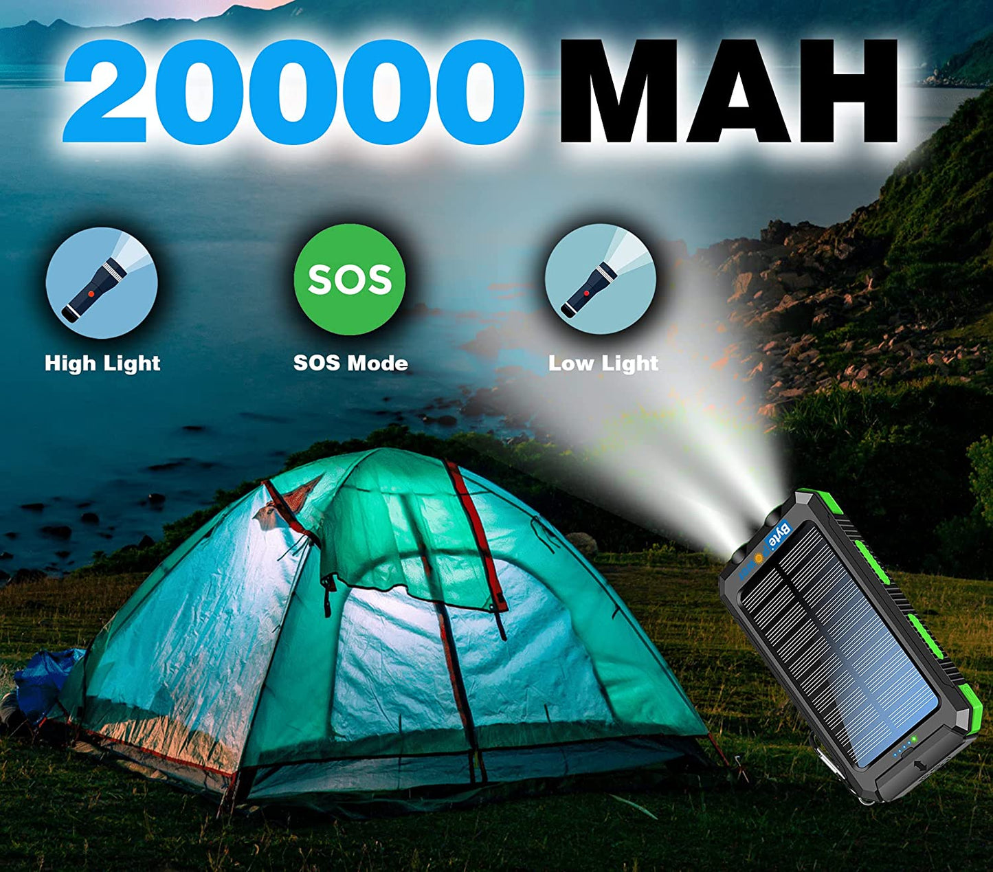 Solar Charger Power Bank 20000Mah, Portable Solar Pone Charger with Compass,Carabiner, Whistle,Flashlights,Solar Panel Charger, Camping Gear Accessory (Green)