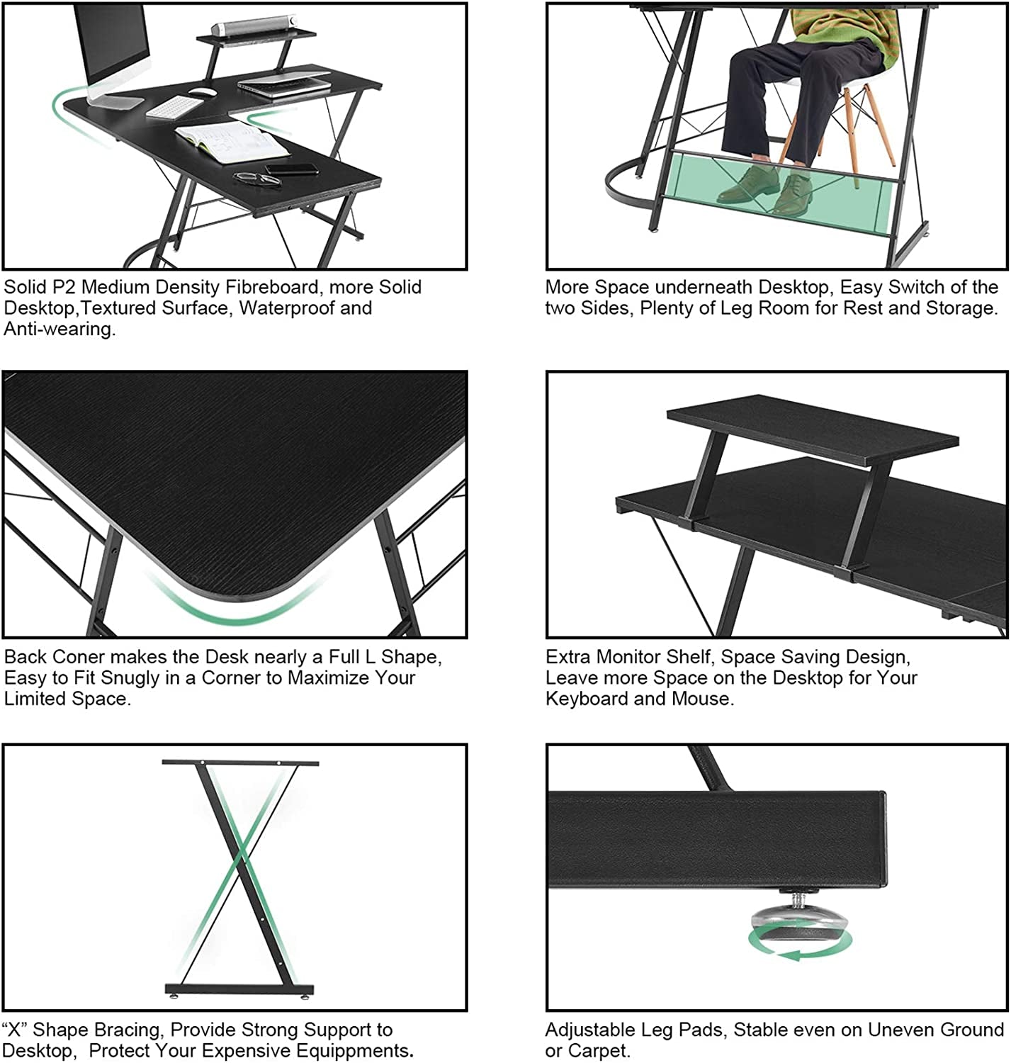 L Shaped Desk, Computer Corner Desk, Home Gaming Desk, Office Writing Workstation with Large Monitor Stand, Space-Saving, Easy to Assemble, Black