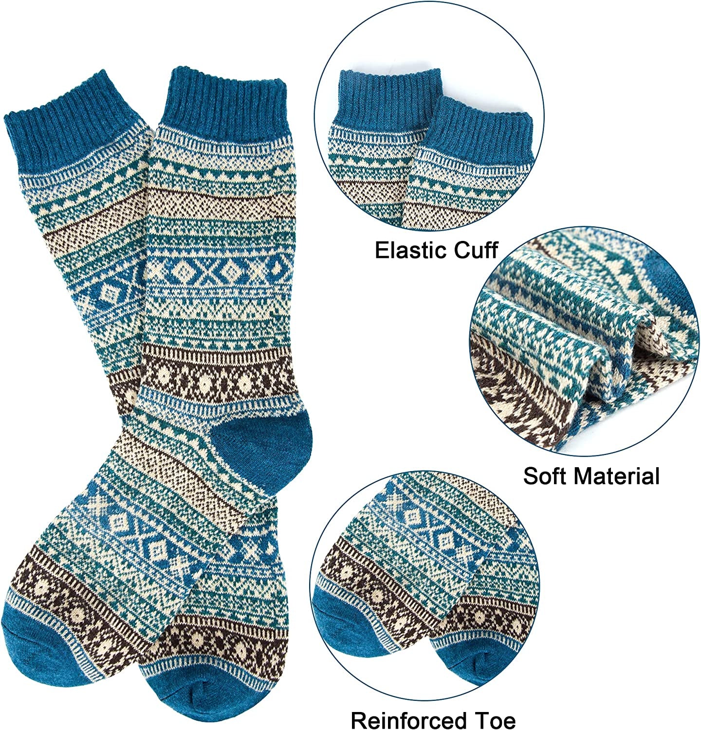 5 Pairs Mens Wool Socks Winter Warm Thick Socks Knit Causal Crew Socks for Men
