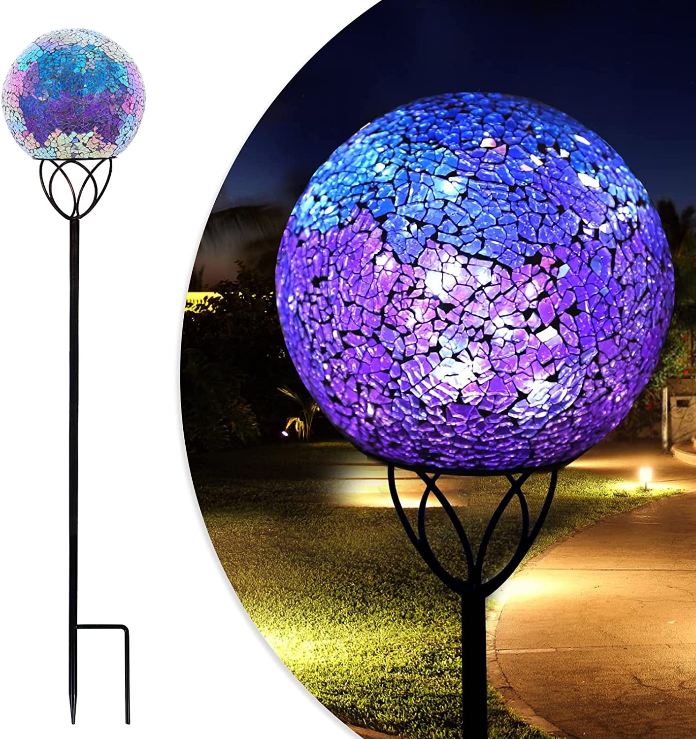 Solar Lights Outdoor Garden Decor - Mosaic Decorative Stakes Solar Powered Gazing Ball Light Landscape Solar Globe Lights for Yard Path Decoration