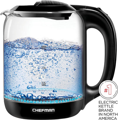 Chefman 1.7 Liter Electric Glass Tea Kettle, Fast Hot Water Boiler, One Touch Operation, Boils 7 Cups, Swivel Base & Cordless Pouring, Auto Shut-Off