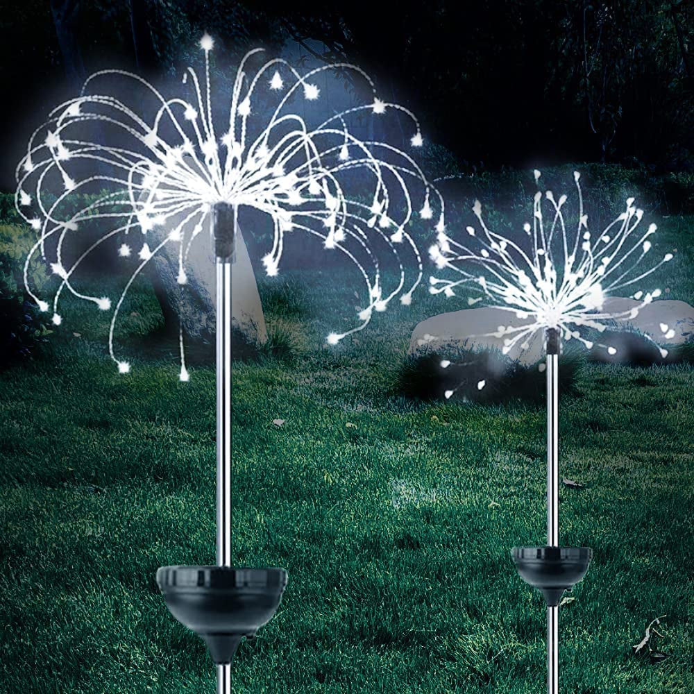  Solar Garden Lights Outdoor Waterproof, LED Firefly Starburst Firework Light for Pathway Patio Lawn Backyard Flowerbed Party Christmas Decorations with 120 LEDs 8 Mode 2 Pack Warm White Oval