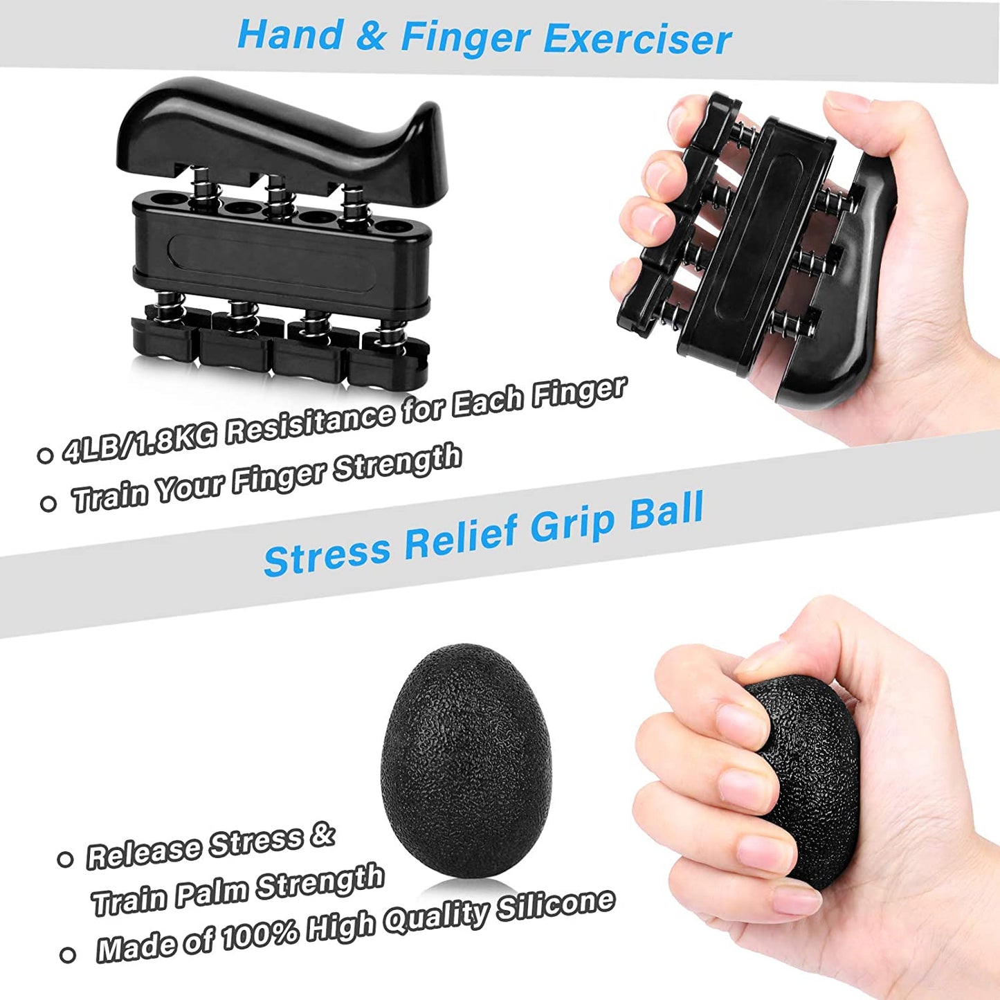 5 Pack Hand Grip Strengthener Kit, Grip Strength Trainer, Forearm Workout Trainer Adjustable Hand Grip Exercise, Finger Strength Exerciser, Finger Stretcher, Grip Ring & Stress Relief Ball with Carry Bag