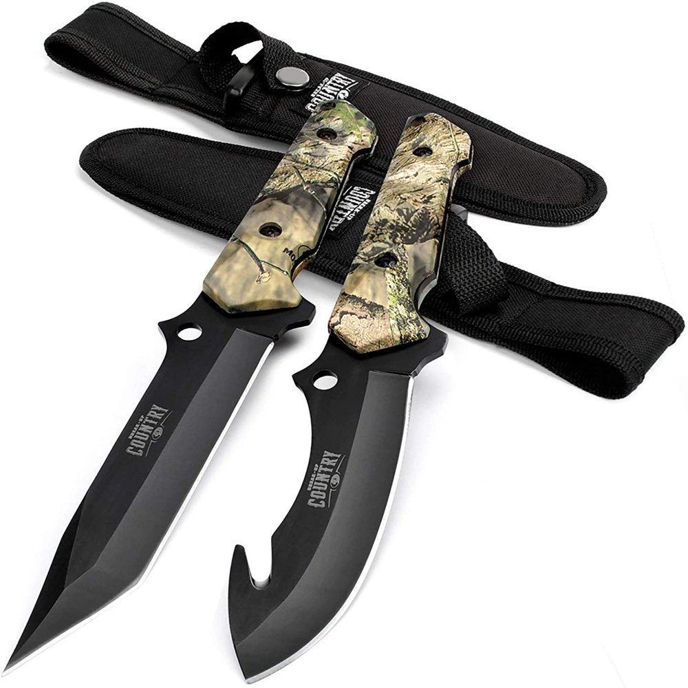 MOSSY OAK Fixed Blade Hunting Knife Set - 2 Piece, Full Tang Handle Straight Edge and Gut Hook Blades Game Processing Knife, Sheath Included