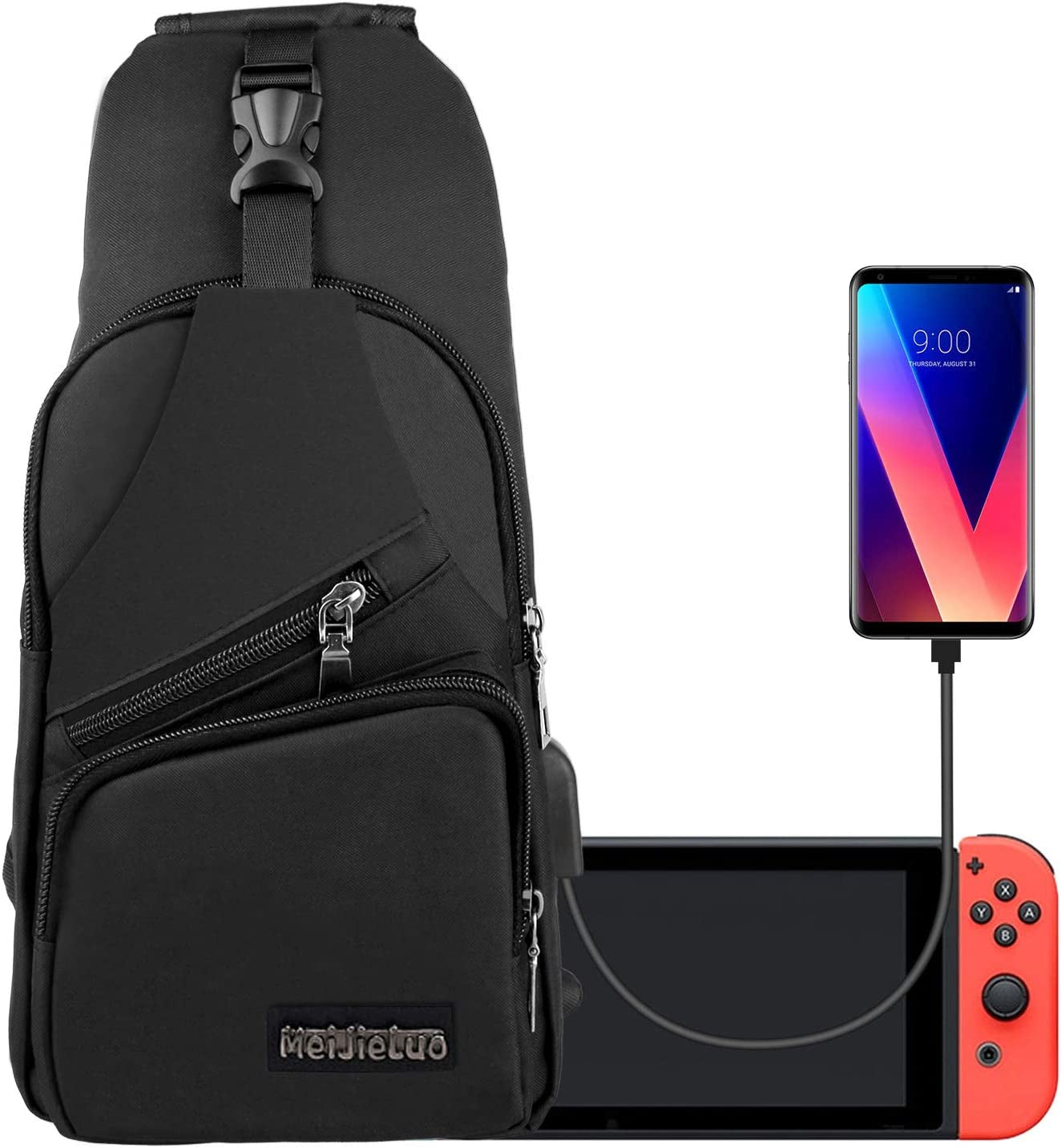 Crossbody Sling Backpack Sling Bag, Eeekit Backpack Crossbody Travel Bag for Men and Women, Console Joy-Cons and Accessories, Charge Your Phone via the Side USB Charging Interface (Grey)