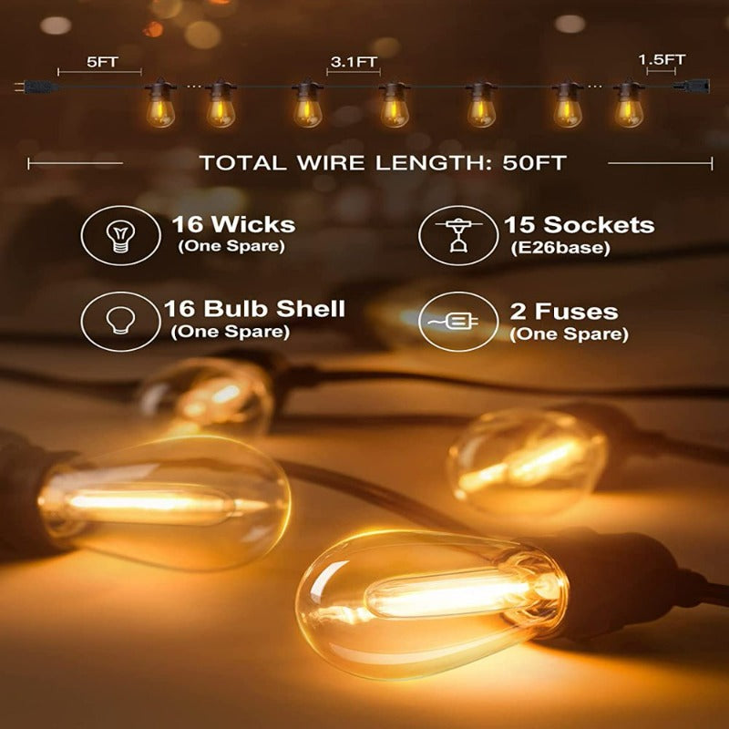  50FT LED Outdoor String Lights with Dimmable Edison Shatterproof Bulbs and Hanging Accessories, Heavy-Duty and Weatherproof Strand