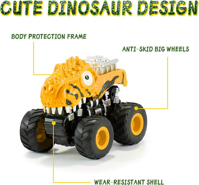Dinosaur Toys Pull Back Cars, 2 Pack Monster Truck for 3+ Year Old Boy , Educational Push and Go Friction Powered Cars, Easter Birthday Gifts for 3 4 5 6 Year Old Boys Girls(Yellow)