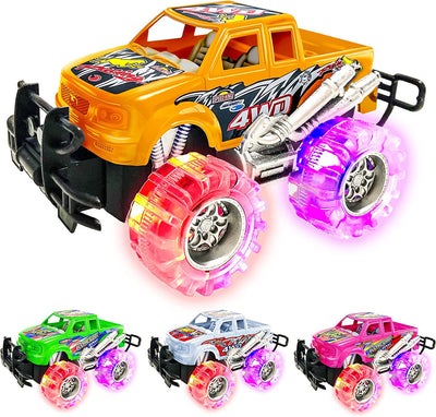 Artcreativity Light up Monster Truck Set for Kids,- Includes 4, 6 Inch Trucks with Beautiful Flashing LED Tires,- Push N Go Toy Cars for Boys and Girls,- Best Gift for Kids Age 3 - 6 Years Old and Up