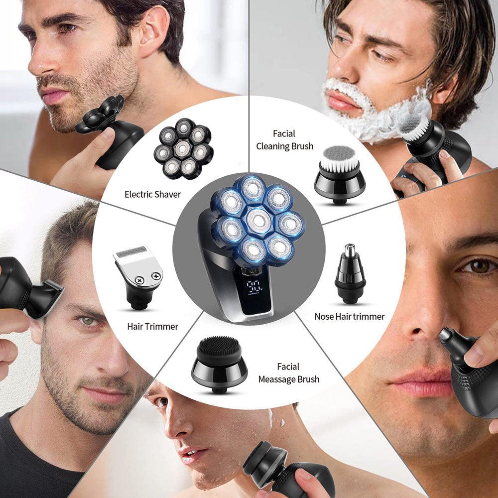 6 in 1 - 8D Head Electric Bald Head Shaver, Cordless,  IPX6 Waterproof, Rechargeable Electric Razor LED Display, Wet/Dry Use