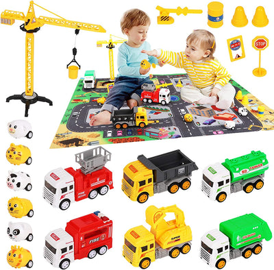 Toy Trucks with Play Mat for Boys, Construction Vehicle and Mini Animal Cars with Road Signs, Crane, Playmat and Storage Box for Kids Toddlers Age 3 4 5 6 7 Year Christmas Birthday Gift