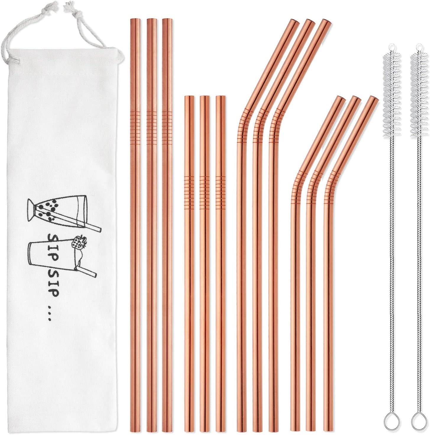 12-Pack Reusable Stainless Steel Metal Straws with Case - Long Drinking Straws for 30 oz and 20 oz Tumblers Yeti Dishwasher Safe - 2 Cleaning Brushes Included