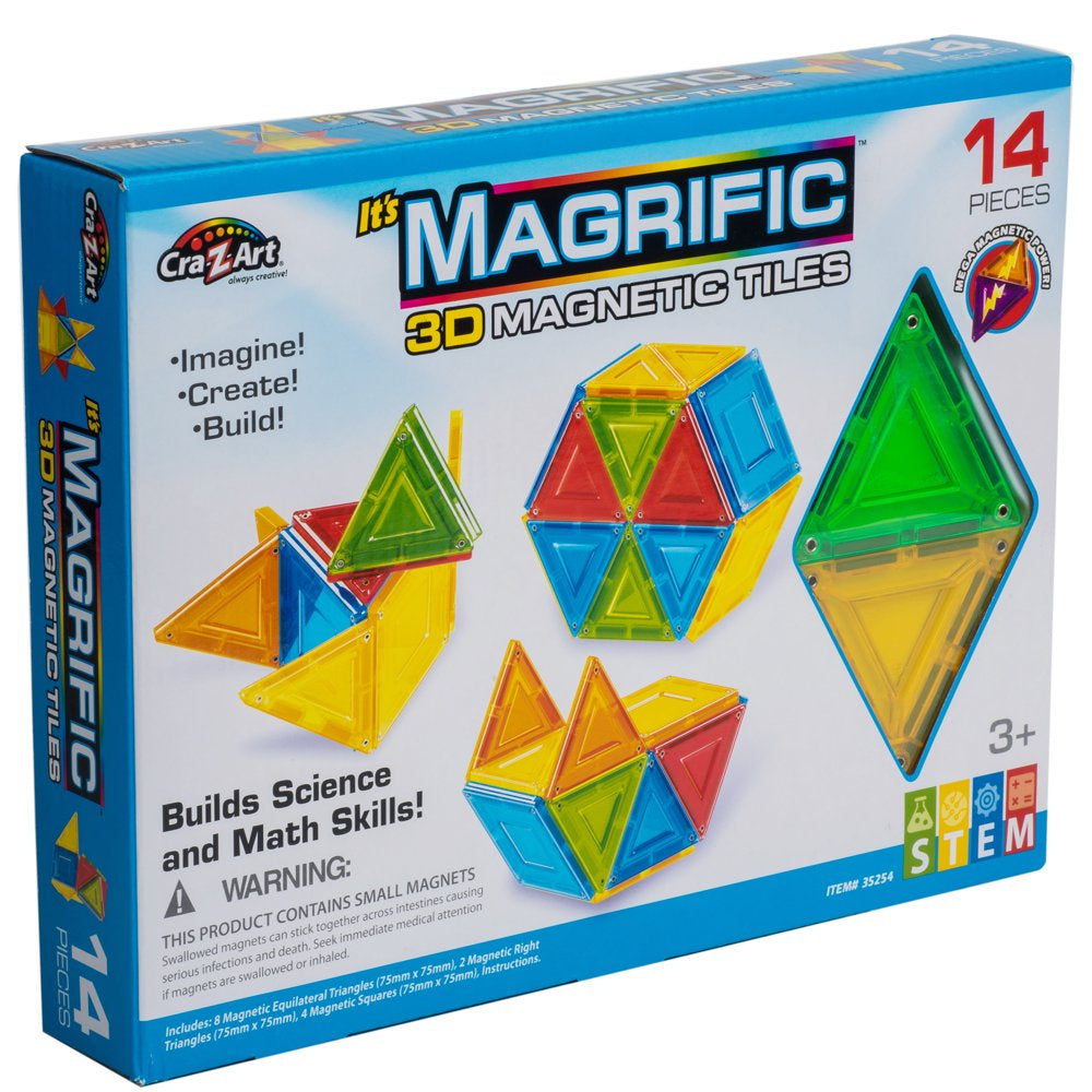 14 Piece Multicolor Magnetic Tiles Set, Child Ages 3 and Up