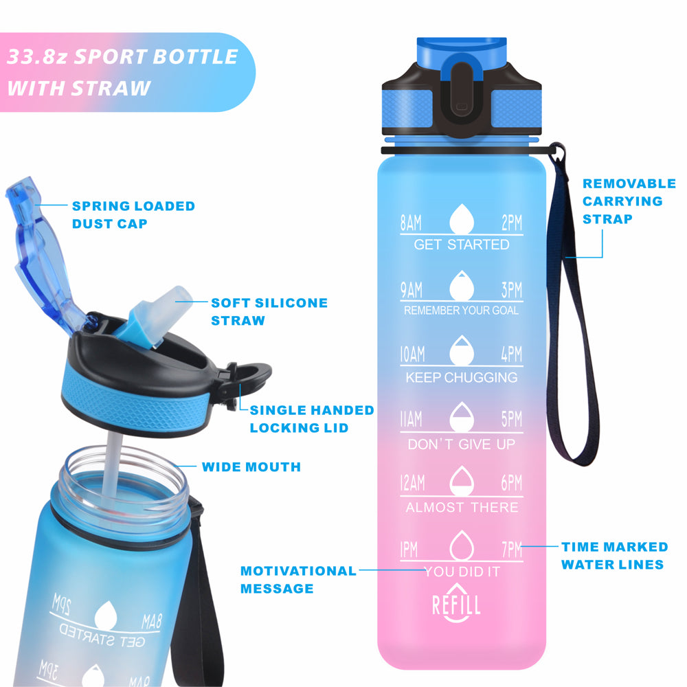 32Oz Water Bottle with Time Marker & Straw Lid for Gym,Motivational Fitness Sports Water Jug with Removable Strainer,Dishwasher Safe,Leakproof,Safety Lock,No Bpa,Blue+Purple