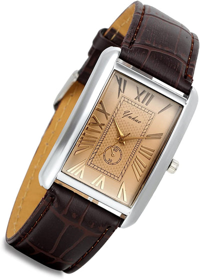 Retro Vintage Square Quartz Analog Watch Silver Tone Case Crocodile Pattern Brown Leather Business Casual Dress Wrist Watch for Christmas