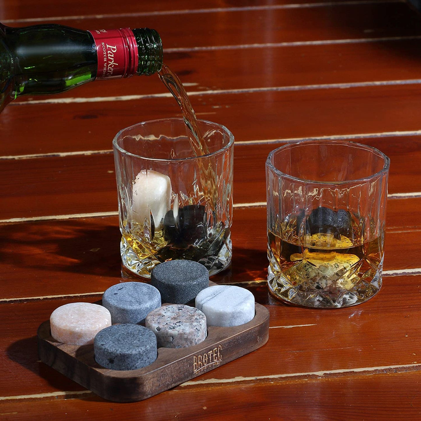 Whiskey Stones Gift Set - 6 Granite Round Beverage Chilling Drinking Stones Whiskey Rocks with 2 Extra Whisky Glasses Coasters - Premium Sipping Rocks in Elegant Wooden Storage Tray - Bar Accessories