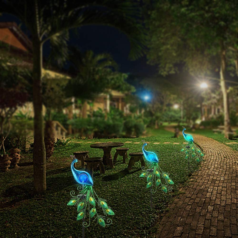  Garden Solar Lights Stake, Metal Peacock Decor Solar Garden Lights Solar Peacock Stake for Outdoor Patio Yard Decorations (Blue Lampshade)