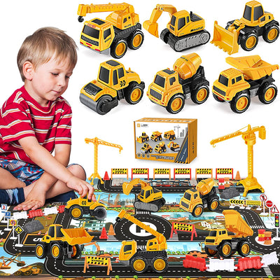 Pull Back Construction Vehicle Toys for Kids, Pull Back Construction Toy Trucks for Boys Age 3 4 5, (45Pcs) Small Diecast Construction Site Toys Crane Mat Friction Powered Sandbox Dump Truck Gift