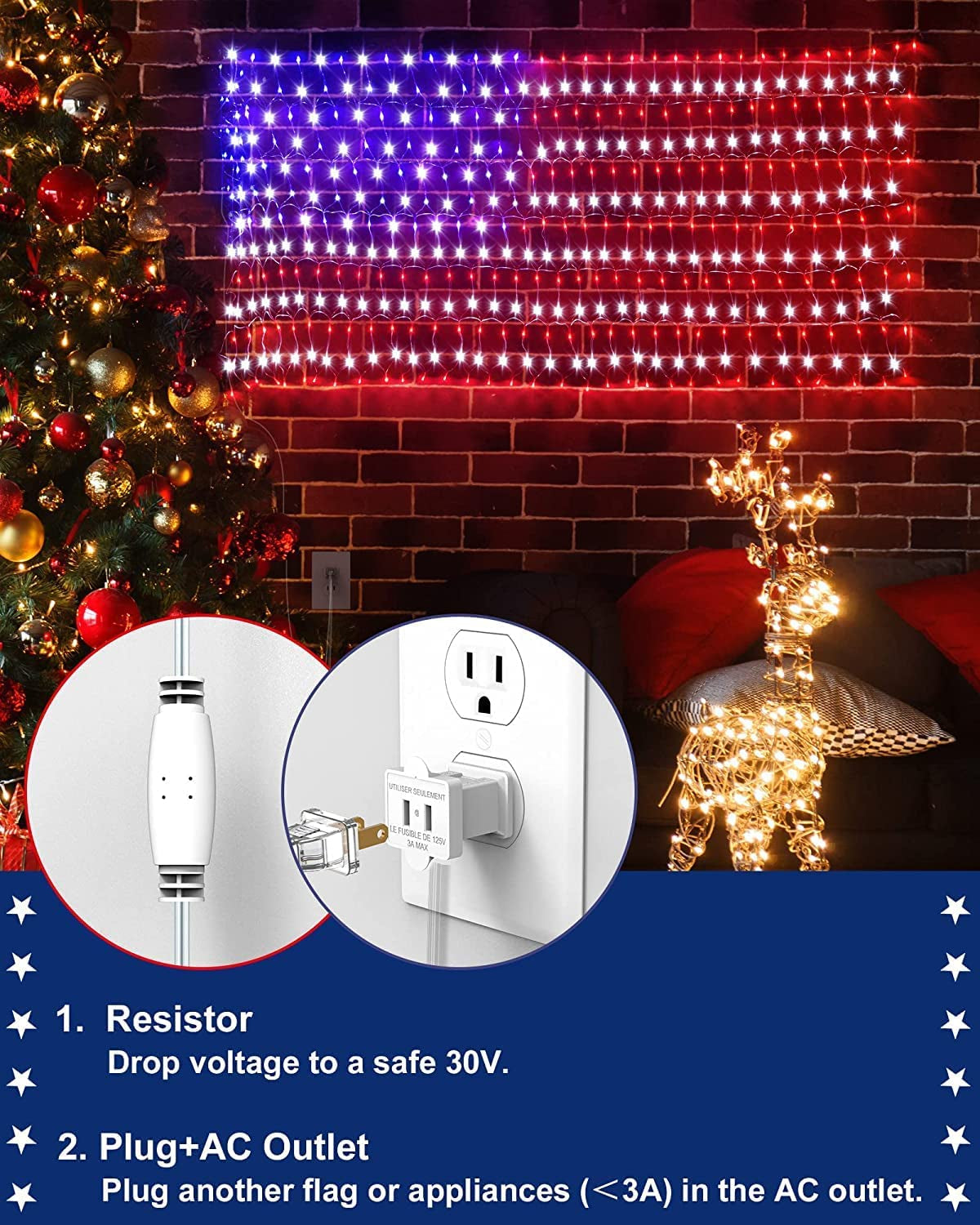  LED American Flag Lights for Outdoors,Waterproof 420 LED USA Flag Net Light for Christmas, Fourth of July, Memorial Day, Independence Day, Veterans Day