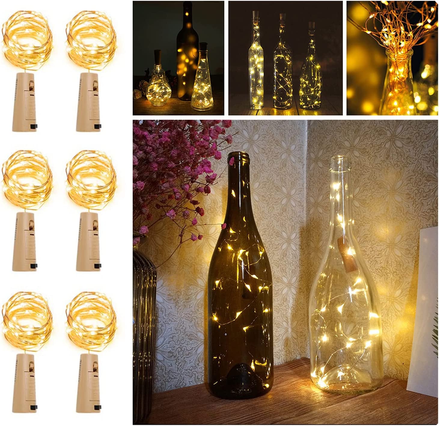  6 Packs Micro Artificial Cork Copper Wire Starry Fairy Lights, Battery Operated Lights for Bedroom, Parties, Wedding, Decoration