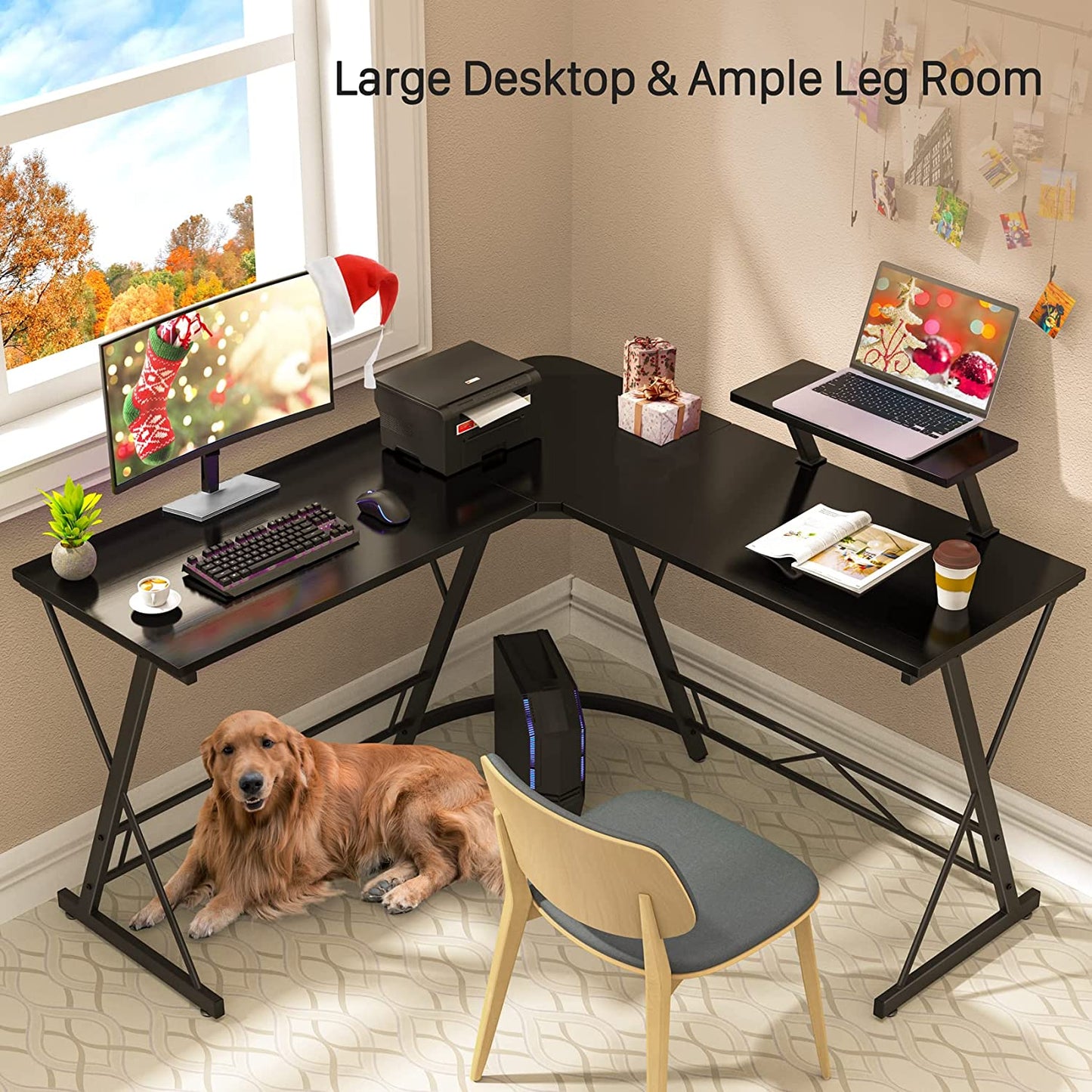 L Shaped Desk, Computer Corner Desk, Home Gaming Desk, Office Writing Workstation with Large Monitor Stand, Space-Saving, Easy to Assemble, Black