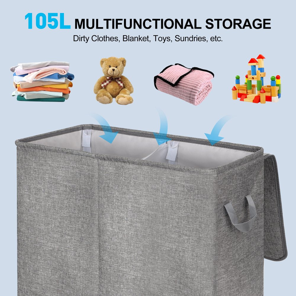 Double Laundry Hamper with Lid and Removable Laundry Bags, Large Collapsible 2 Dividers Dirty Clothes Basket with Handles for Bedroom, Laundry Room, Closet, Bathroom, College, Dark Gray