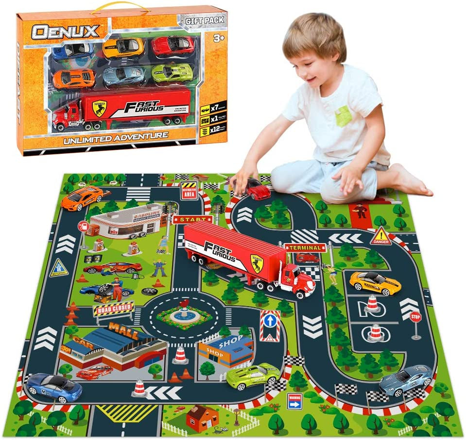Construction Toys Trucks & Play Mat, Carrier Truck with Diecast Alloy Excavator,Tractor,Dump Truck,Road Roller,Bulldozer,Forklift,Engineering Toy Vehicles with Road Signs for Kids Boys Girls