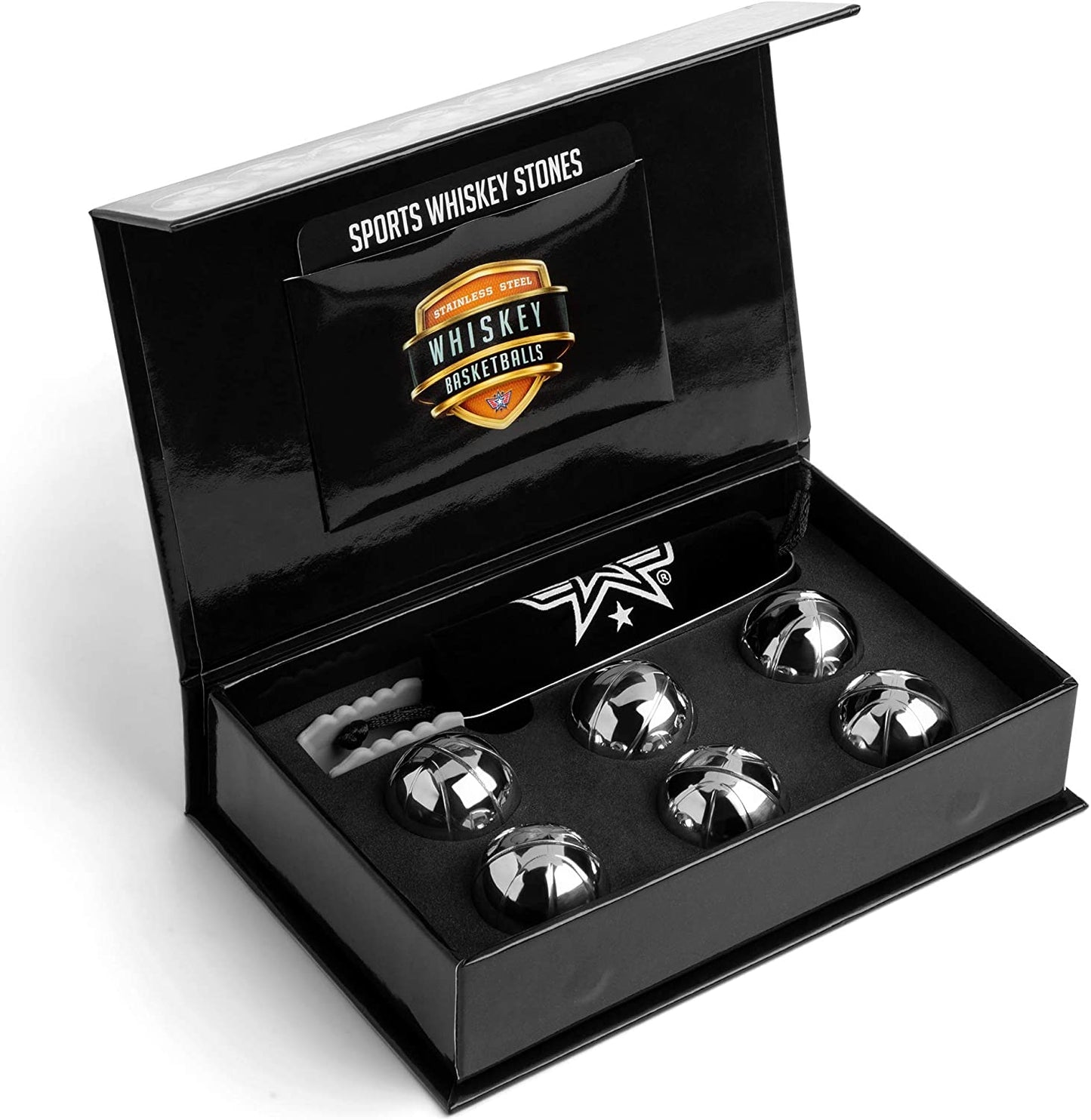 Basketball Whiskey Stones - Set of 6 Reusable Stainless Steel Whiskey Stones with Free Stainless Steel Tong and Velour Storage Bag for Whisky, Bourbon, Scotch & Wine