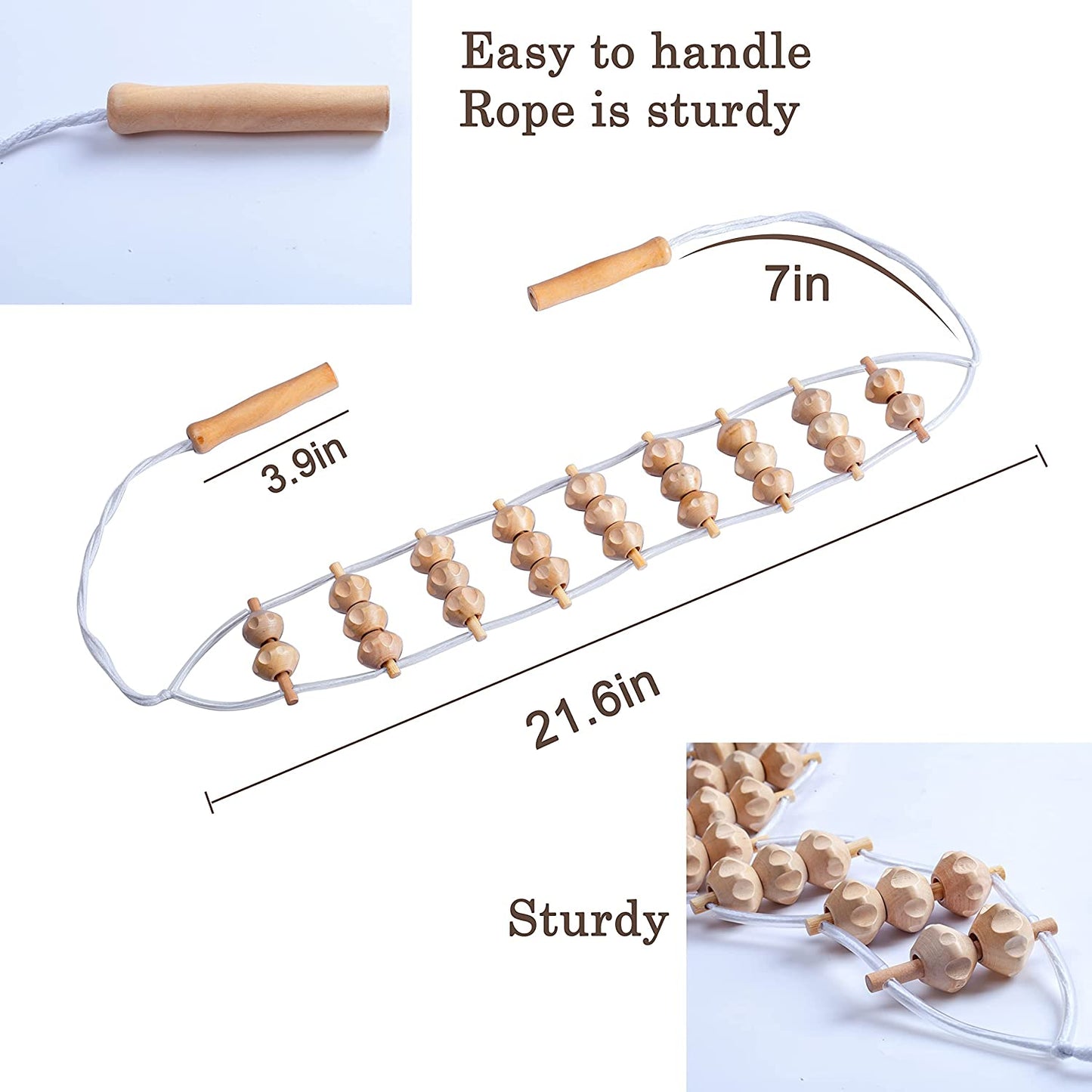 Wood Back Massage Roller Rope Tool,Lymphatic Drainage,Wood Therapy Massage Tools,Maderoterapia Colombiana,Portable Handheld Rolling, Massage Strap for Back, Neck, Shoulders, Legs