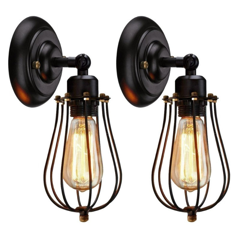  2 Pack, Wire Cage Sconce, Black Hardwire Industrial Wall Light Fixture, Rustic Sconces