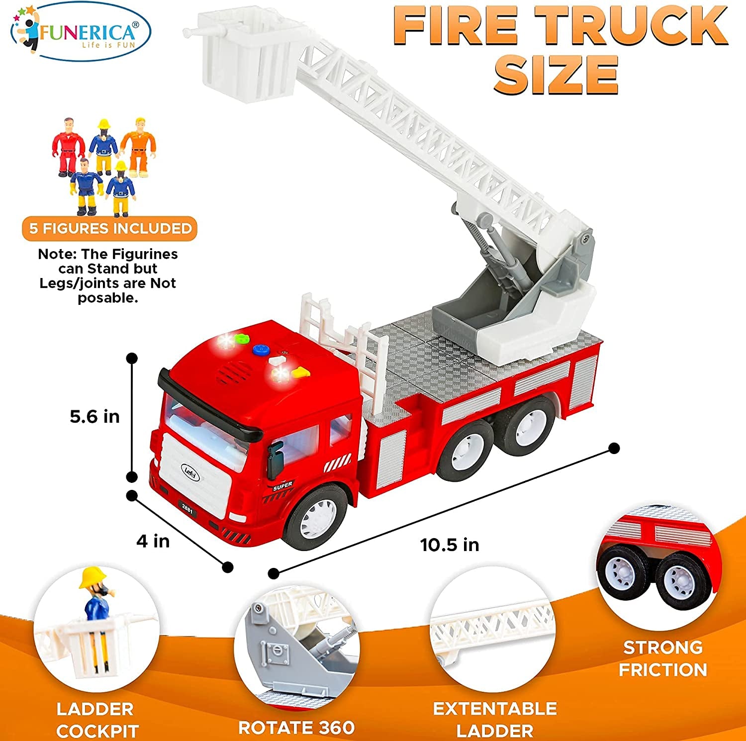 Fire Truck Toy with Flashing Lights, 4 Siren Sounds, Extending Rescue Ladder, Friction Strong Powered Firetruck Engine, Best Firefighter Playset Birthday Gift for Toddlers, Kids, Boys, Girls
