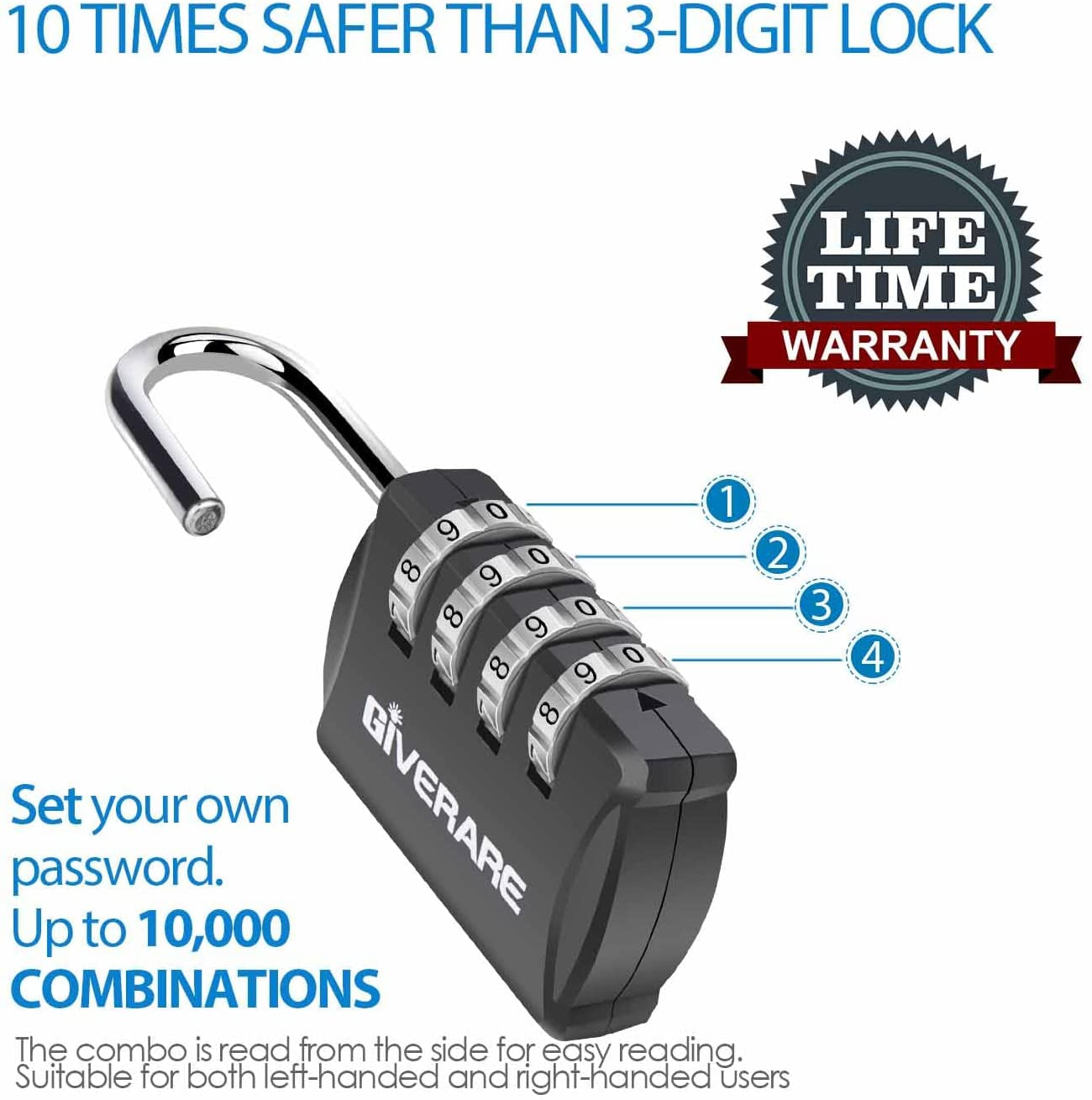 GIVERARE 4 Pack Combination Lock, 4-Digit Padlock Keyless, Resettable Luggage Locks for Backpack, Gym & School & Employee Locker, Weatherproof Travel Lock for Fence, Backyard Gate, Hasp, Case-Black